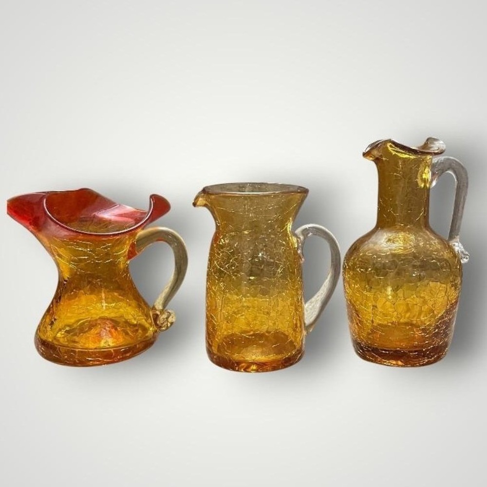 Pilgrim Vintage Crackle Art Glass Mini Pitchers Vase Set Amber MCM Hand Blown
